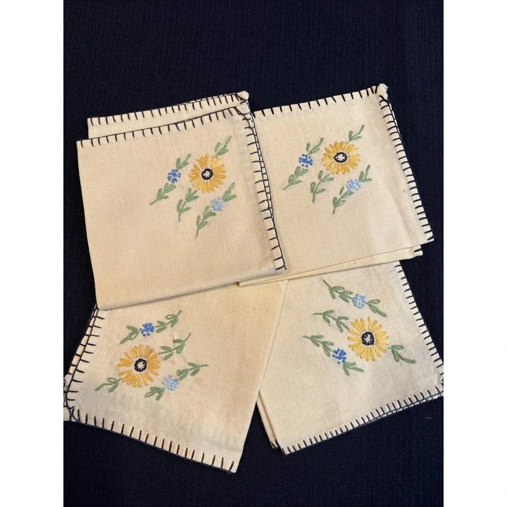 VTG Hand Embroidered Linen Napkins Set of 4 Yellow Floral 1950s Style Square